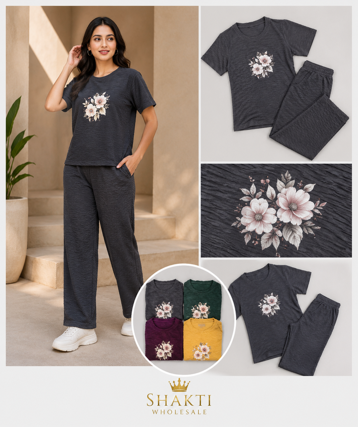 Charcoal Floral Print Lounge Co-ord Set - 4 Colours