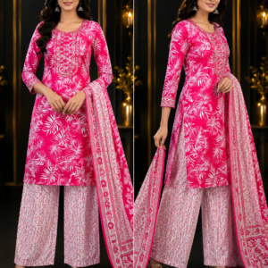 Rani Pink Tropical Leaf Kurta, Palazzo & Dupatta Set