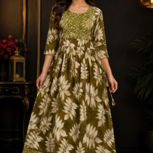 Olive Leaf Print Anarkali Kurti with Embroidered Yoke