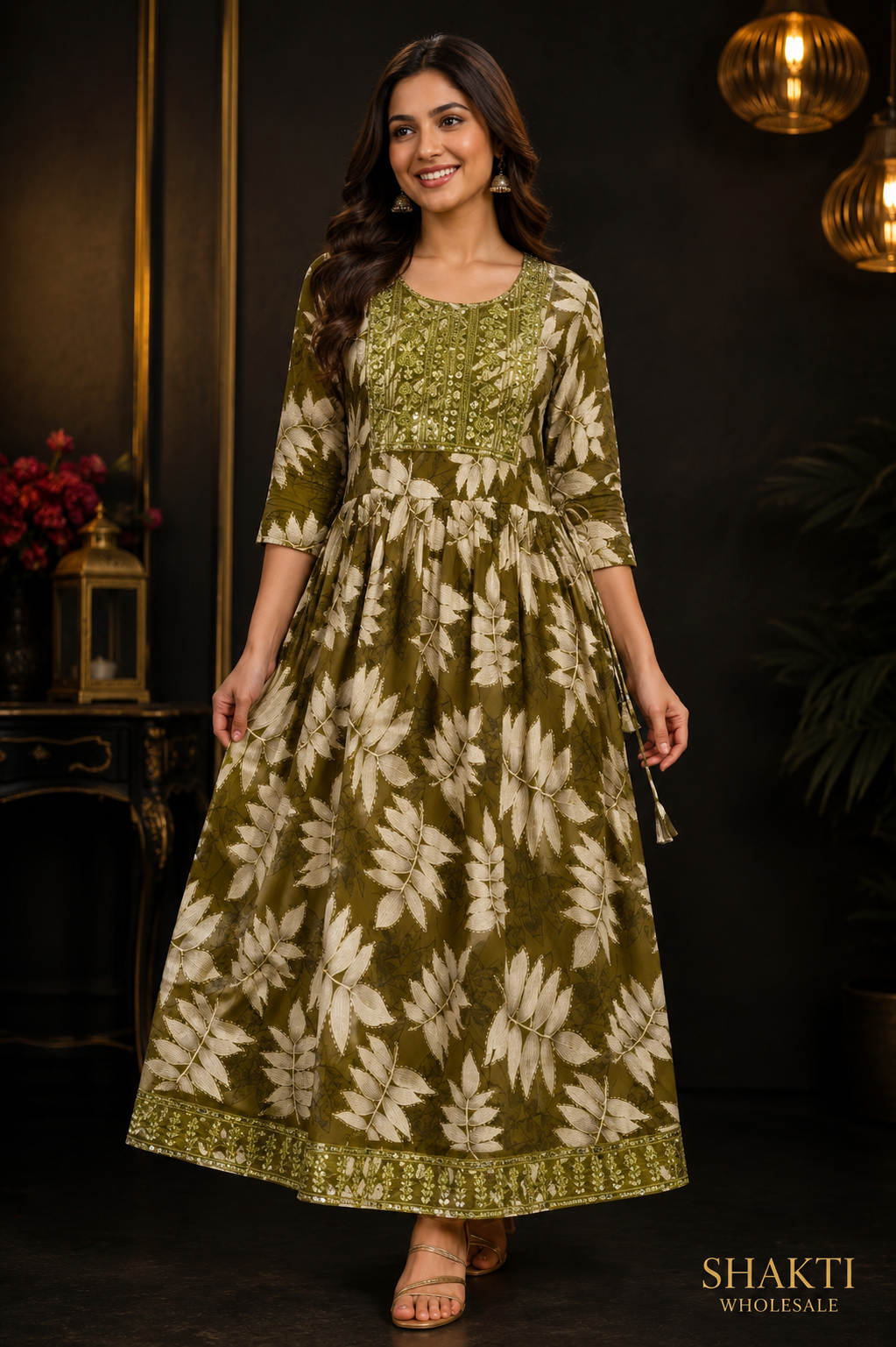 Olive Leaf Print Anarkali Kurti with Embroidered Yoke