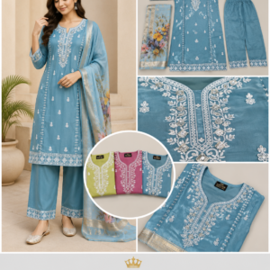Powder Blue Chikankari Kurta, Pant & Floral Dupatta Set - 3 Colours