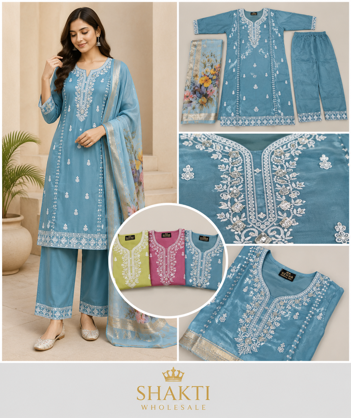 Powder Blue Chikankari Kurta, Pant & Floral Dupatta Set - 3 Colours