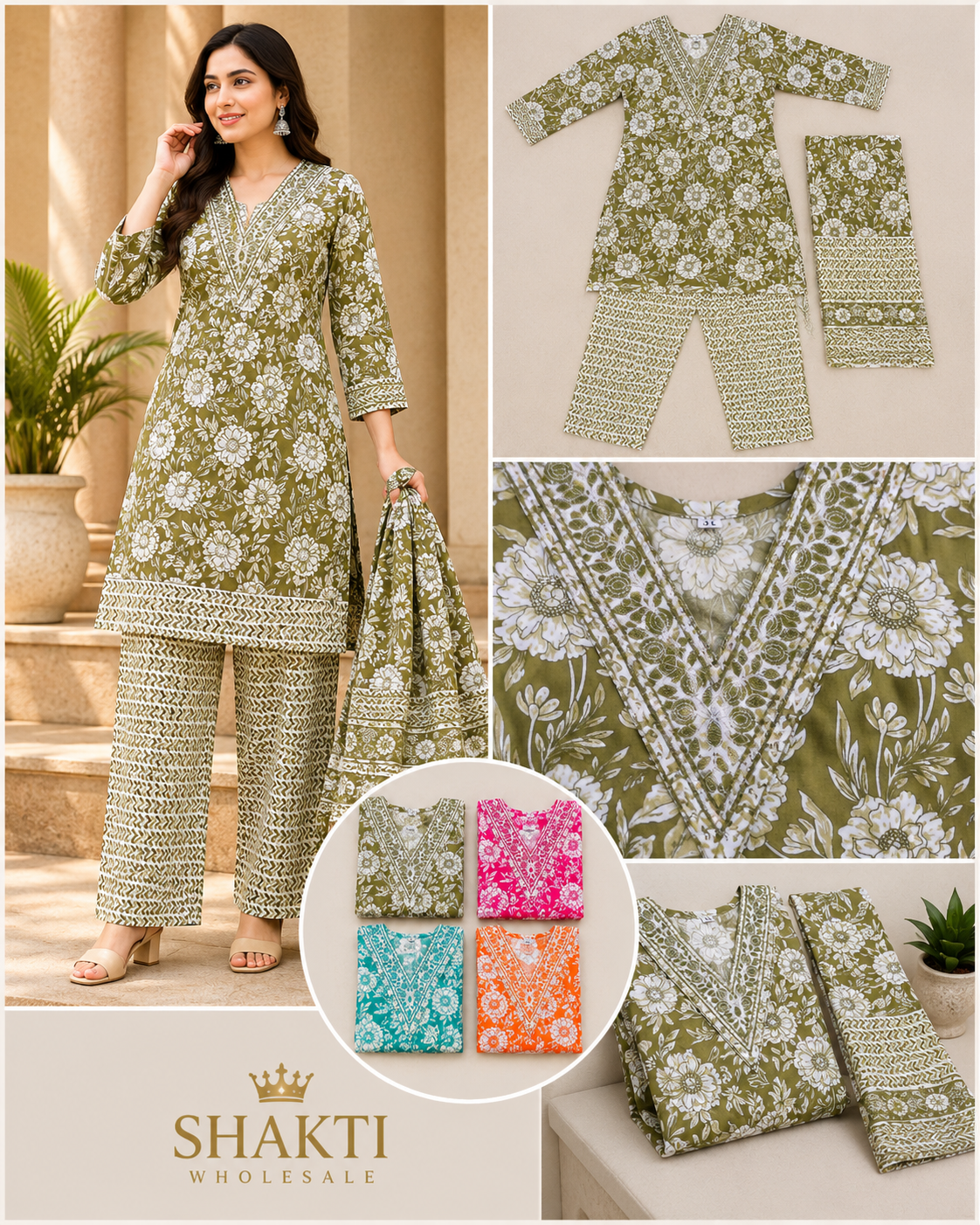 Olive Floral Block Print Kurta, Palazzo & Dupatta Set - 4 Colours