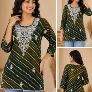 Green Lehariya Chikankari Embroidered Top - Three Views