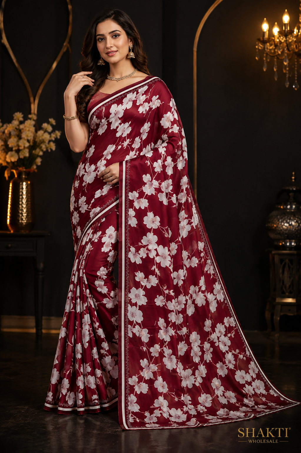 Maroon Cherry Blossom Organza Saree