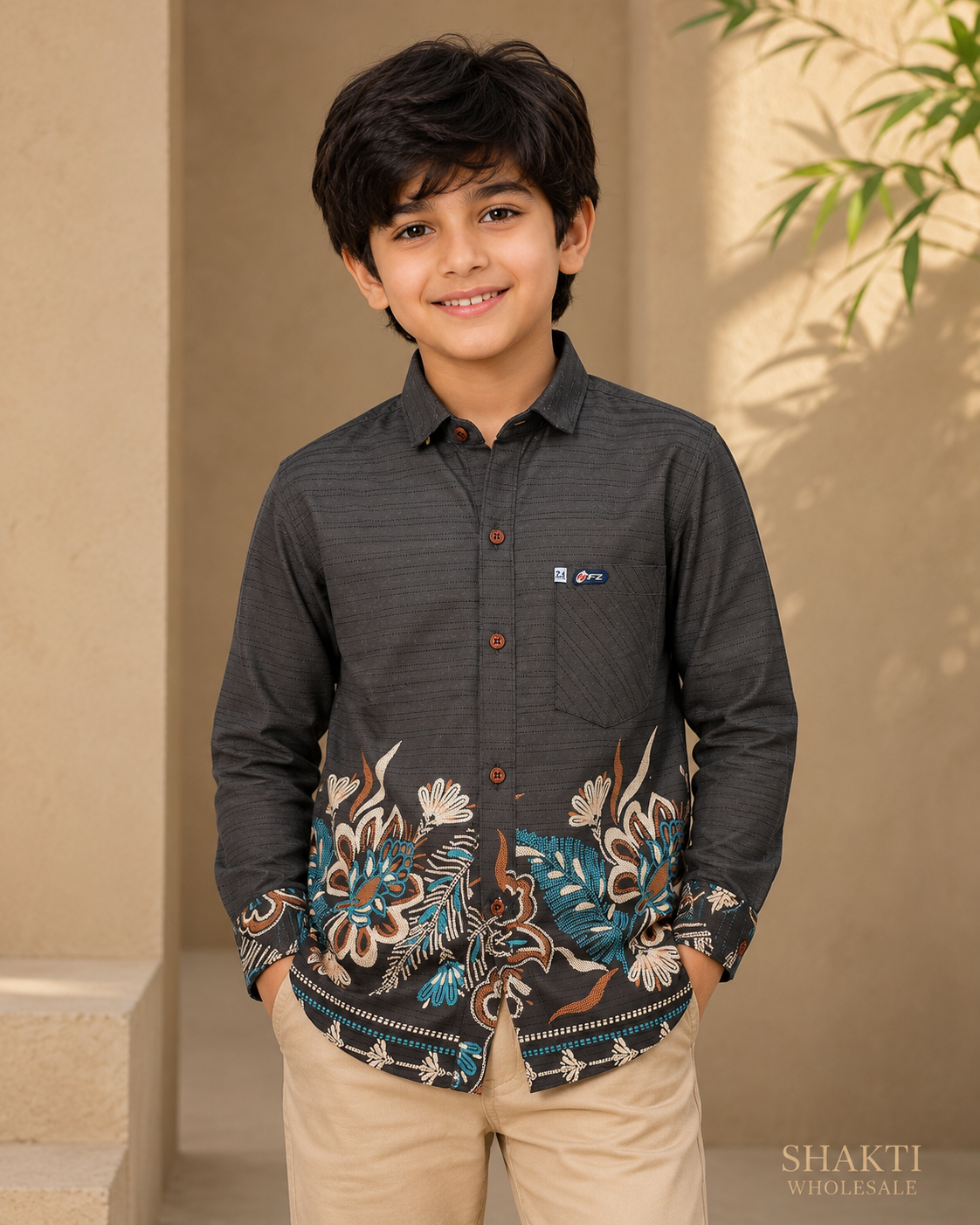 Boys Charcoal Border-Print Casual Shirt