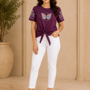 Wine Butterfly Print Tie-Front Tee - Styled