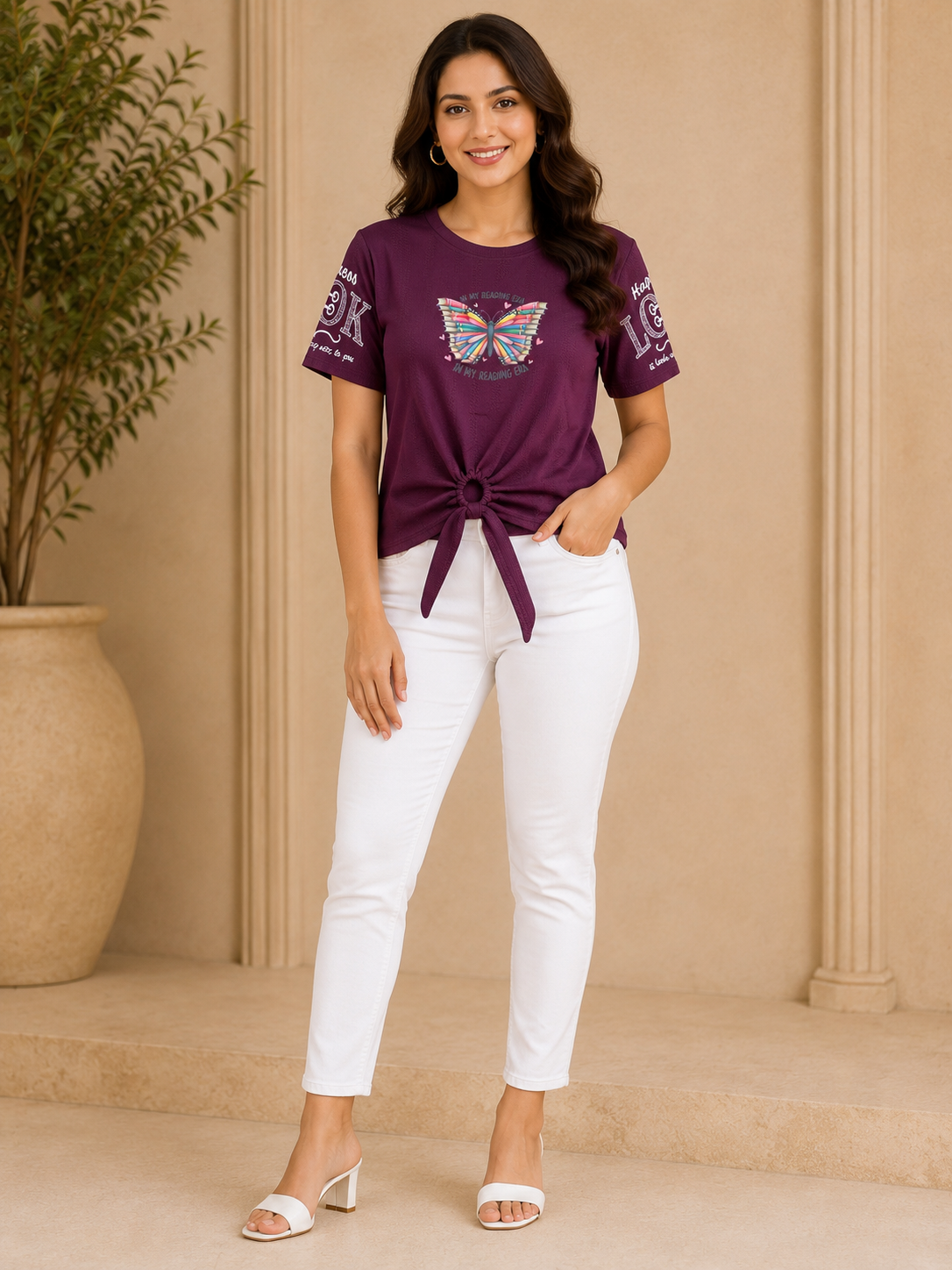 Wine Butterfly Print Tie-Front Tee - Styled