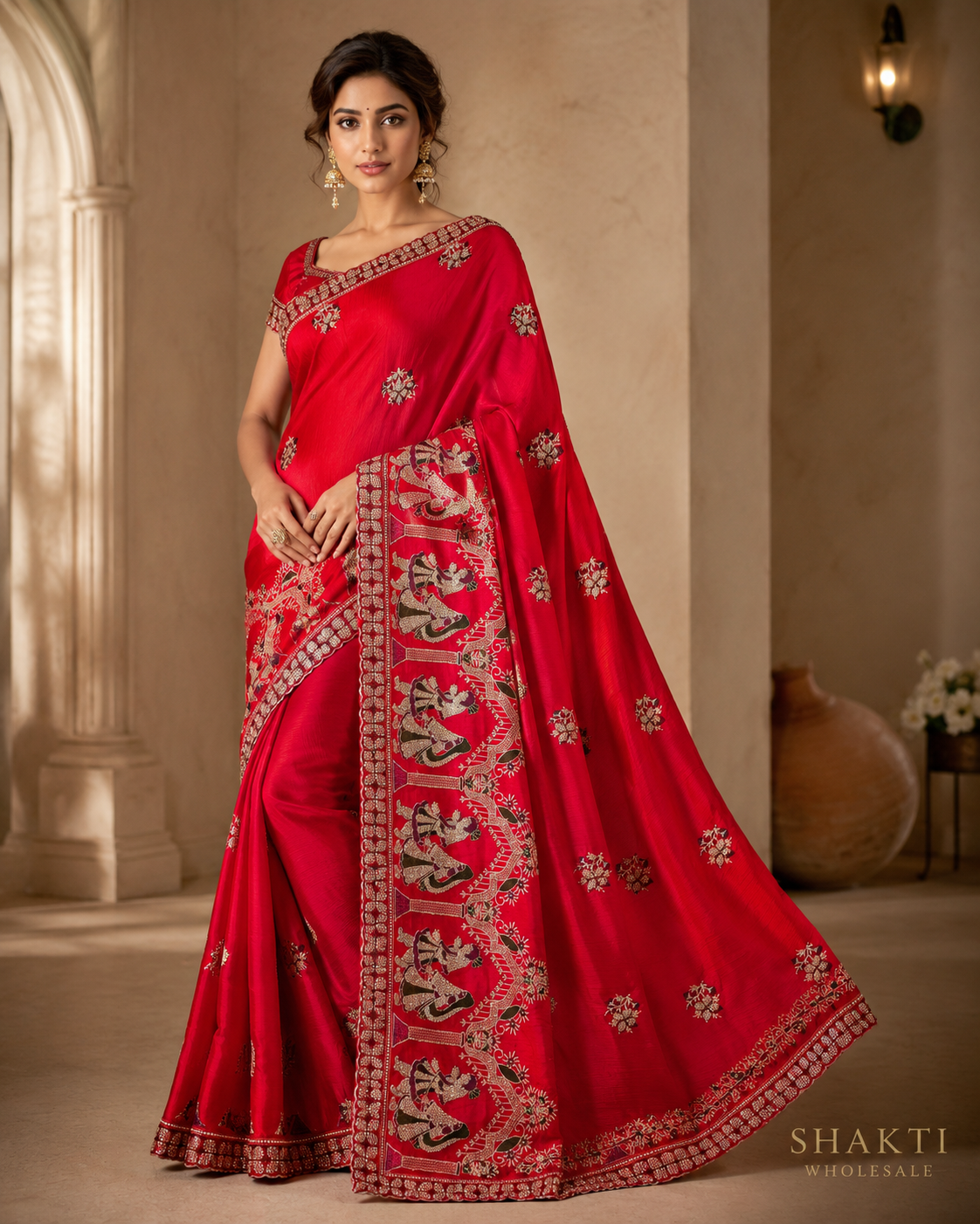 Red Peacock Zari Embroidered Wedding Saree