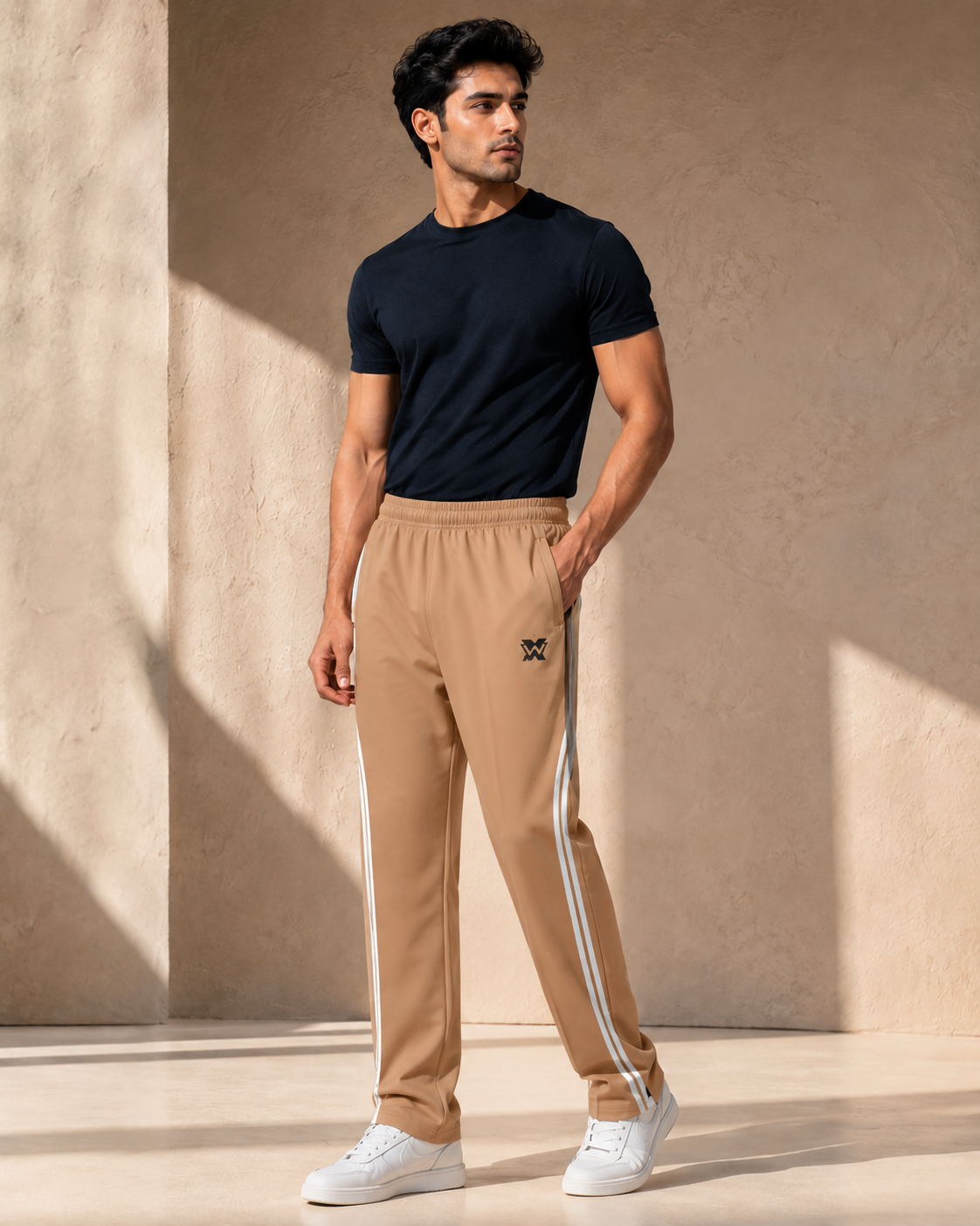 Mens Beige Twin-Stripe Track Pants