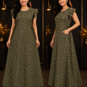 Olive Ditsy Floral Flutter-Sleeve Maxi Nighty