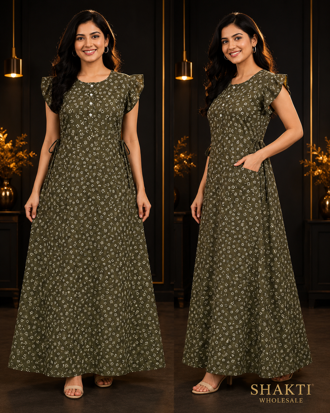 Olive Ditsy Floral Flutter-Sleeve Maxi Nighty