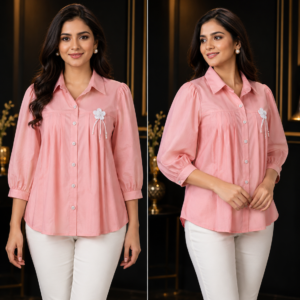 Pink Pleated Collared Shirt with Brooch - Two Views