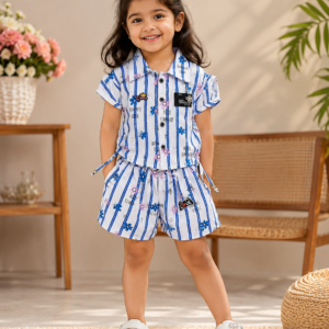 Girls Blue Stripe Shirt & Shorts Summer Set