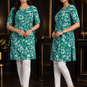 Green Floral A-Line Short Kurti - Two Views