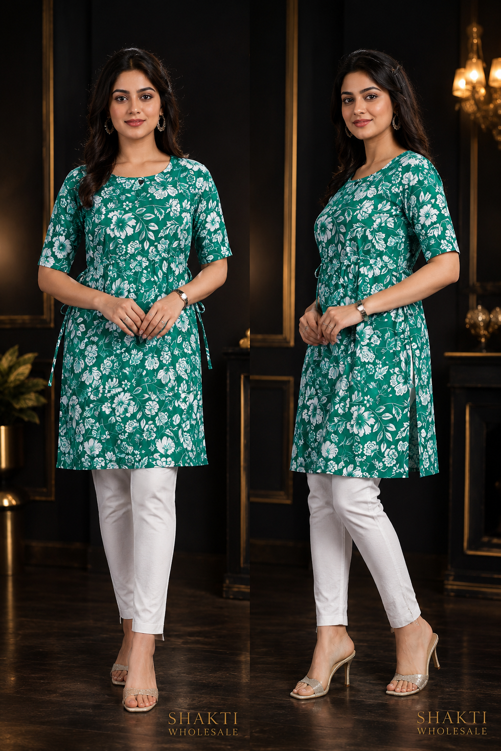 Green Floral A-Line Short Kurti - Two Views