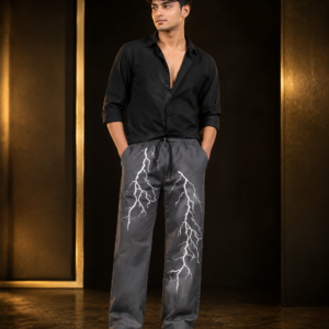 Mens Charcoal Lightning Print Wide Trousers