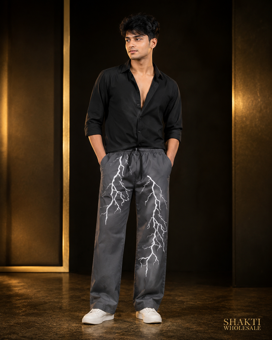 Mens Charcoal Lightning Print Wide Trousers