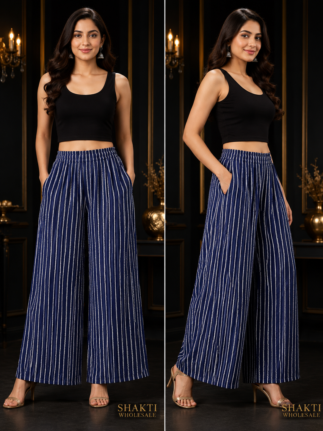 Navy Sequin Stripe Wide-Leg Palazzo