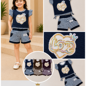Girls Sequin Heart Flutter Top & Striped Shorts Set