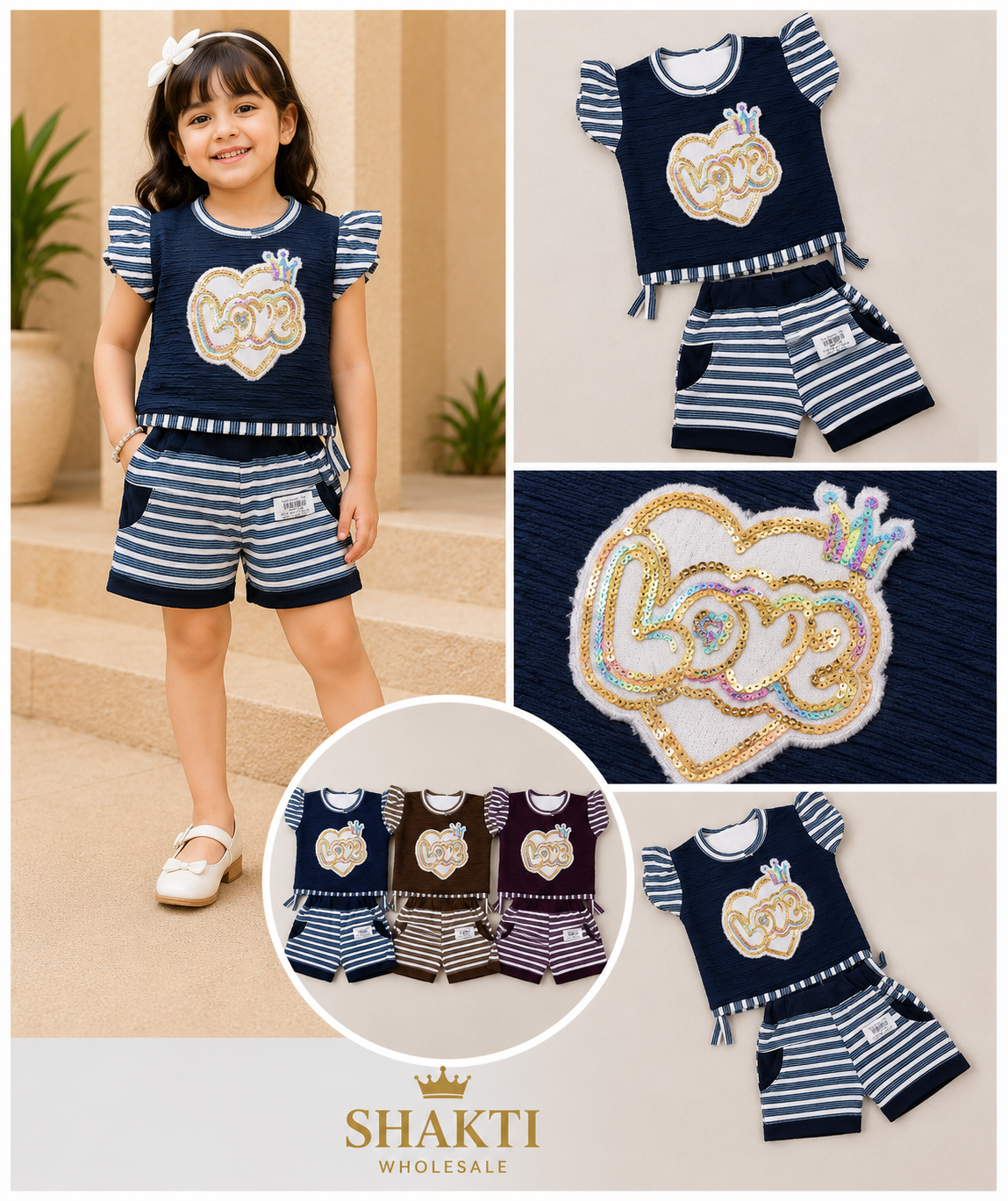 Girls Sequin Heart Flutter Top & Striped Shorts Set