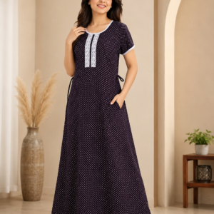 Dark Plum Polka Dot Maxi Nighty with Lace Placket