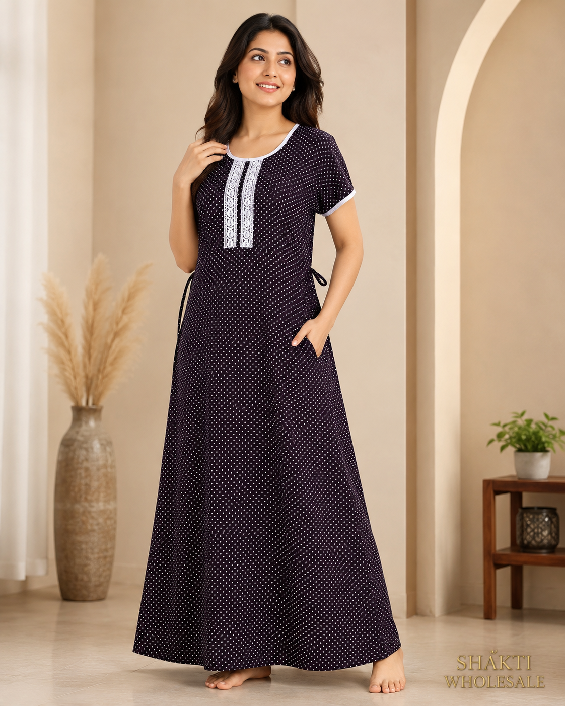 Dark Plum Polka Dot Maxi Nighty with Lace Placket