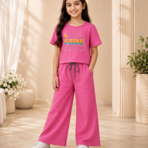 Girls Pink 'Shine' Crop Tee & Wide-Leg Trouser Set