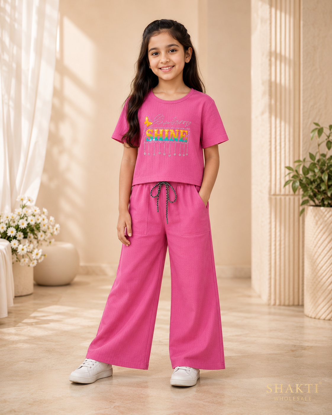 Girls Pink 'Shine' Crop Tee & Wide-Leg Trouser Set