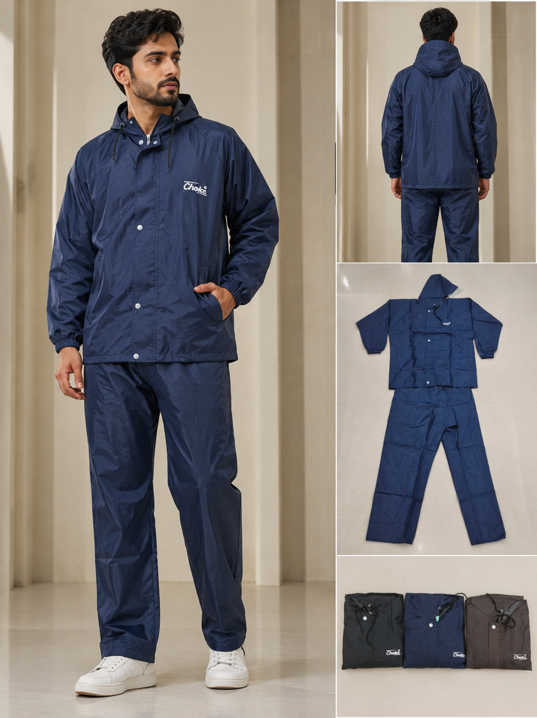 Mens Navy Hooded Rain Suit - Full Views