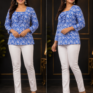 Blue Floral Vine Print Square-Neck Top