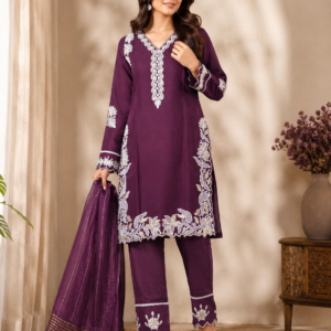 Purple Cutwork Embroidered Kurta, Pant & Dupatta Set