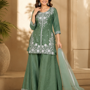 Sage Green Embroidered Kurta, Sharara & Net Dupatta Set