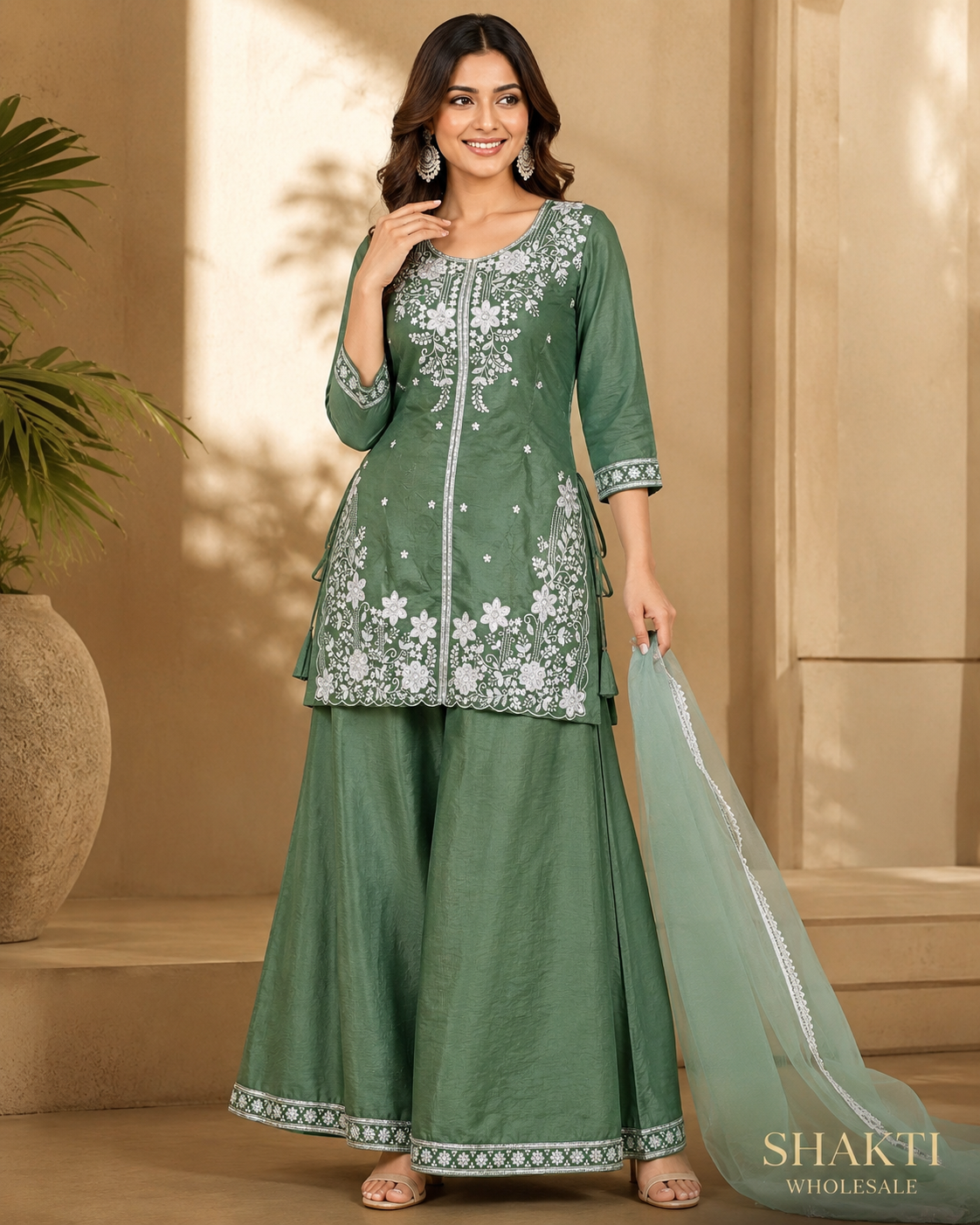 Sage Green Embroidered Kurta, Sharara & Net Dupatta Set