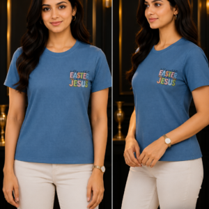 Denim Blue 'Easter Jesus' Embroidered Tee - Two Views