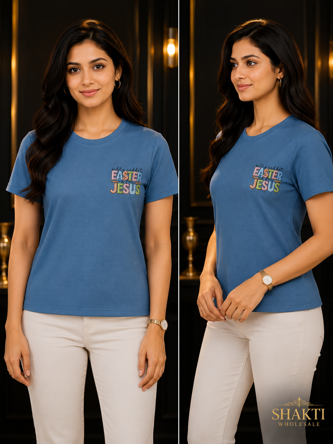 Denim Blue 'Easter Jesus' Embroidered Tee - Two Views