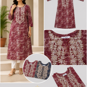 Maroon Marble Print Chikankari Straight Kurti - 2 Colours