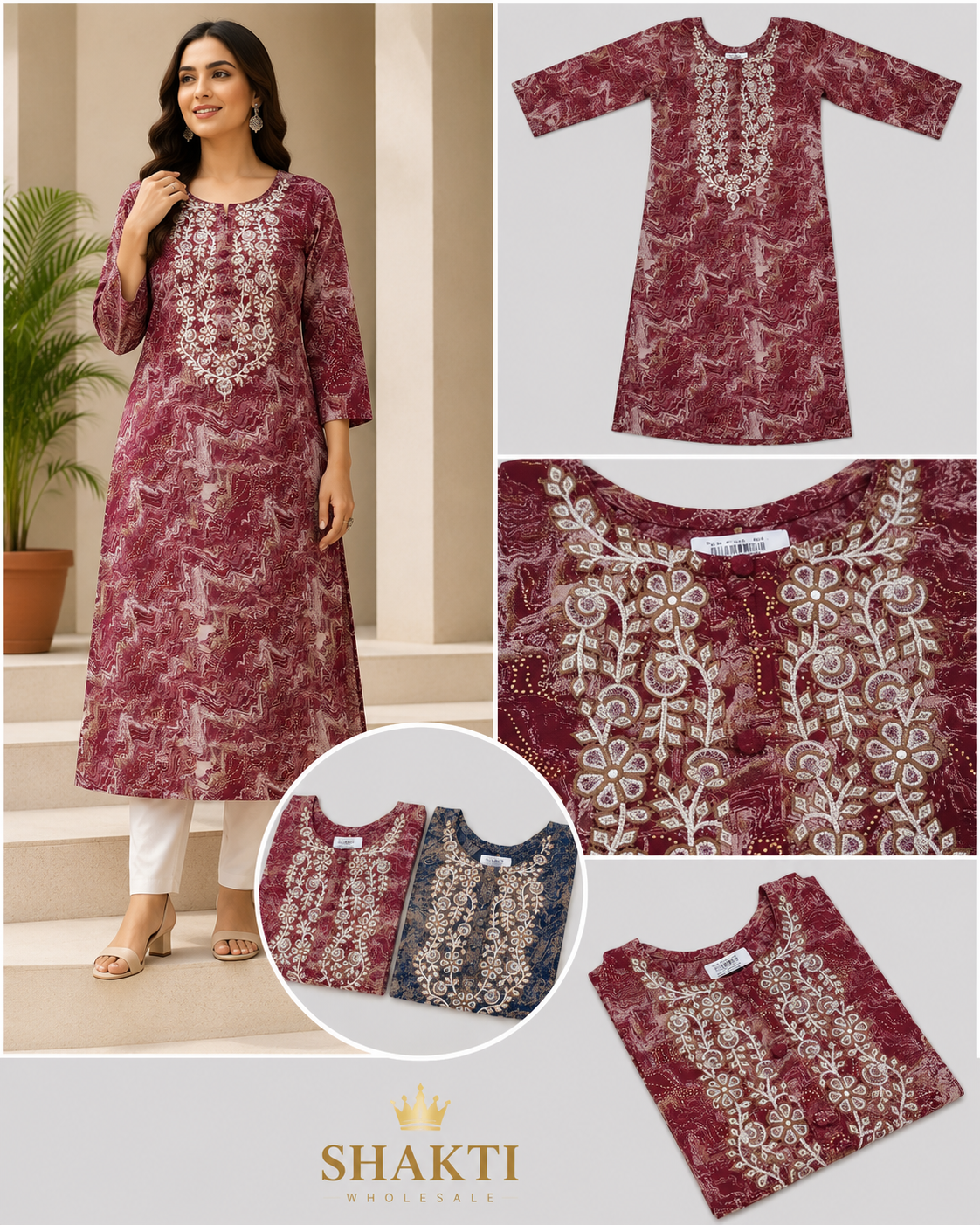 Maroon Marble Print Chikankari Straight Kurti - 2 Colours