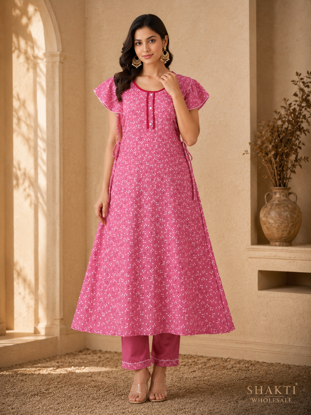 Pink Ditsy Floral Flutter-Sleeve Kurta & Pant Set
