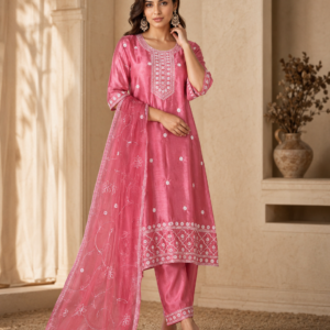 Pink Silk Embroidered Kurta, Pant & Net Dupatta Set