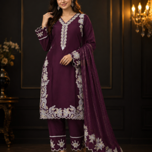 Purple Cutwork Kurta, Pant & Zari Dupatta Set