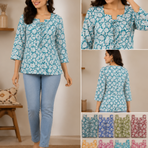 Teal Floral Print Square-Neck Tie-Up Top - 8 Colours