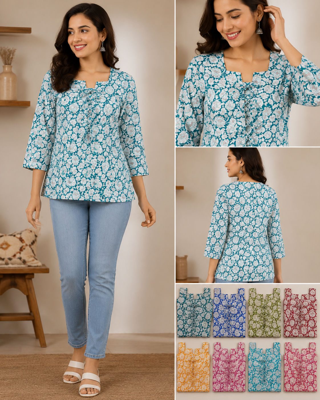 Teal Floral Print Square-Neck Tie-Up Top - 8 Colours